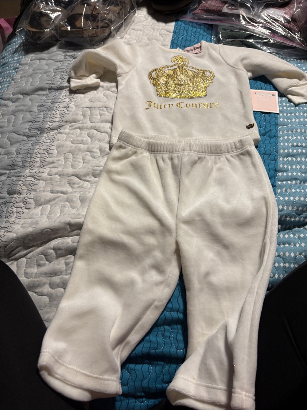 Juicy Couture Cream Velour Pajama Set with Gold Crown Motif